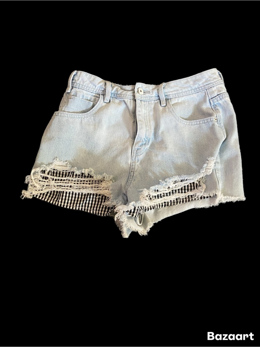 Only Light Blue Distressed Denim Shorts with Gingham Underlay
